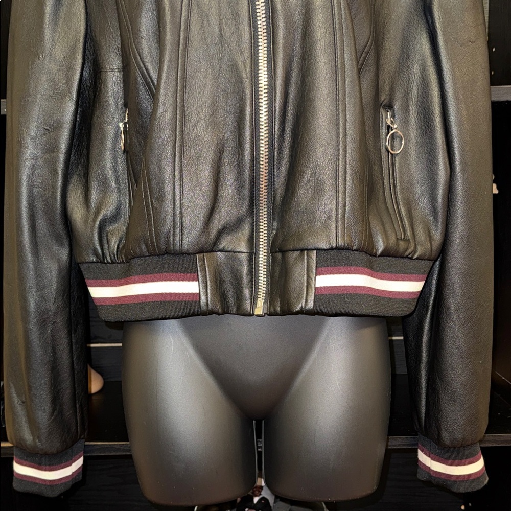 Bebe Black Leather Jacket with Striped Hem and Sleeves